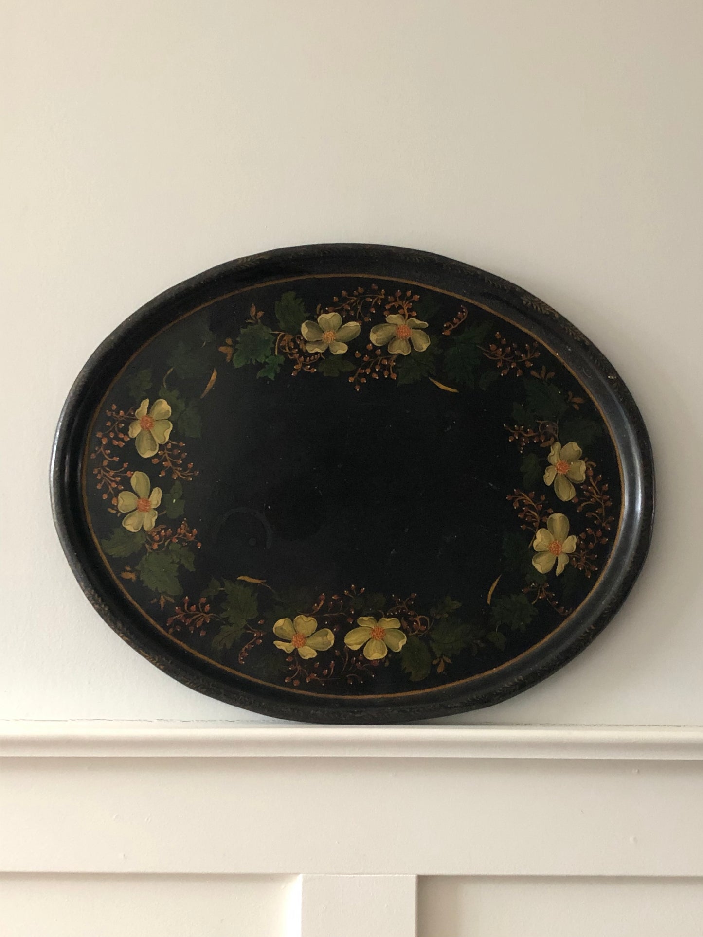 vintage hand-painted floral black enamel toleware tray - local pickup or delivery only