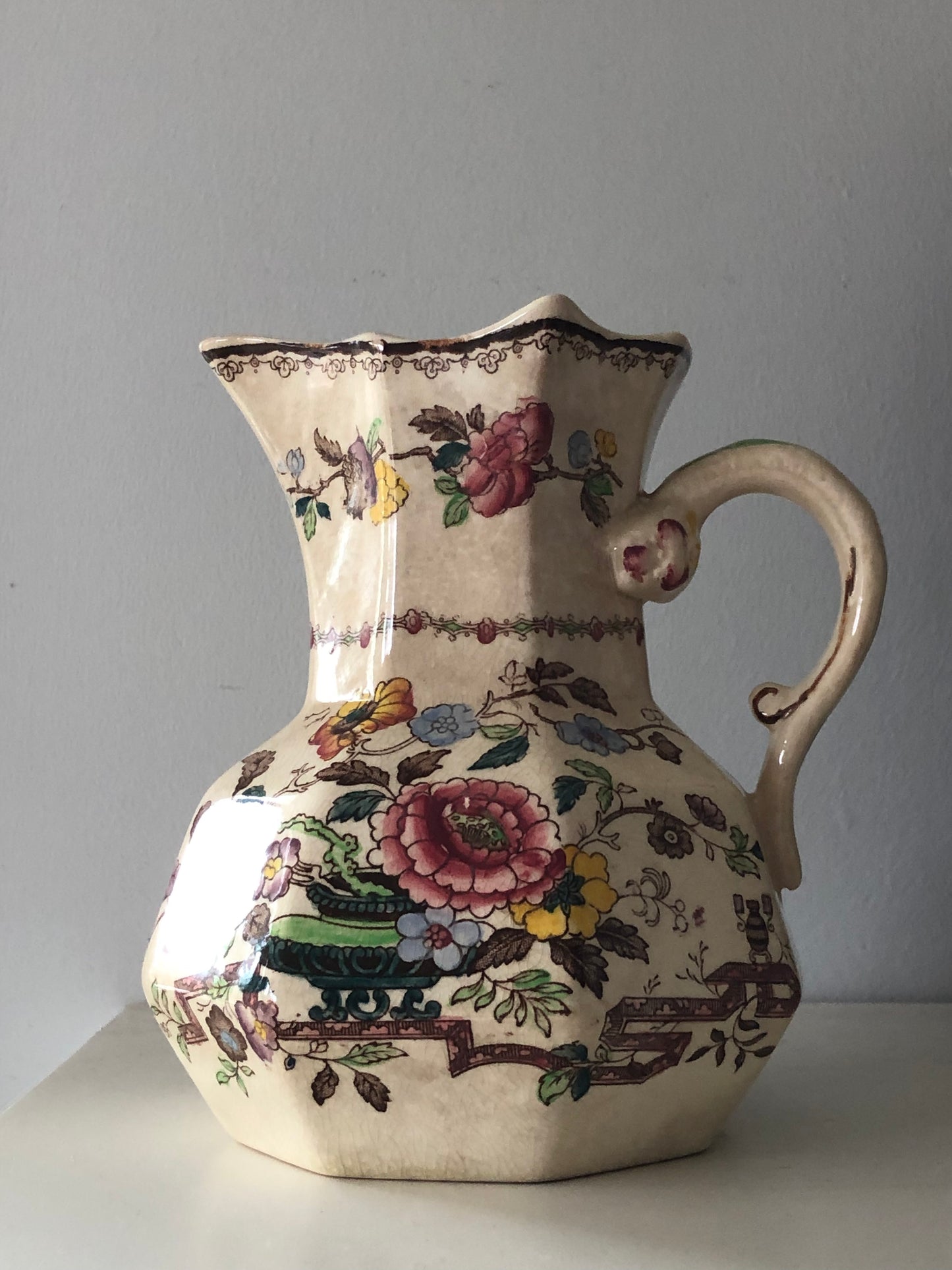 vintage Mason's Ironstone pitcher with floral design