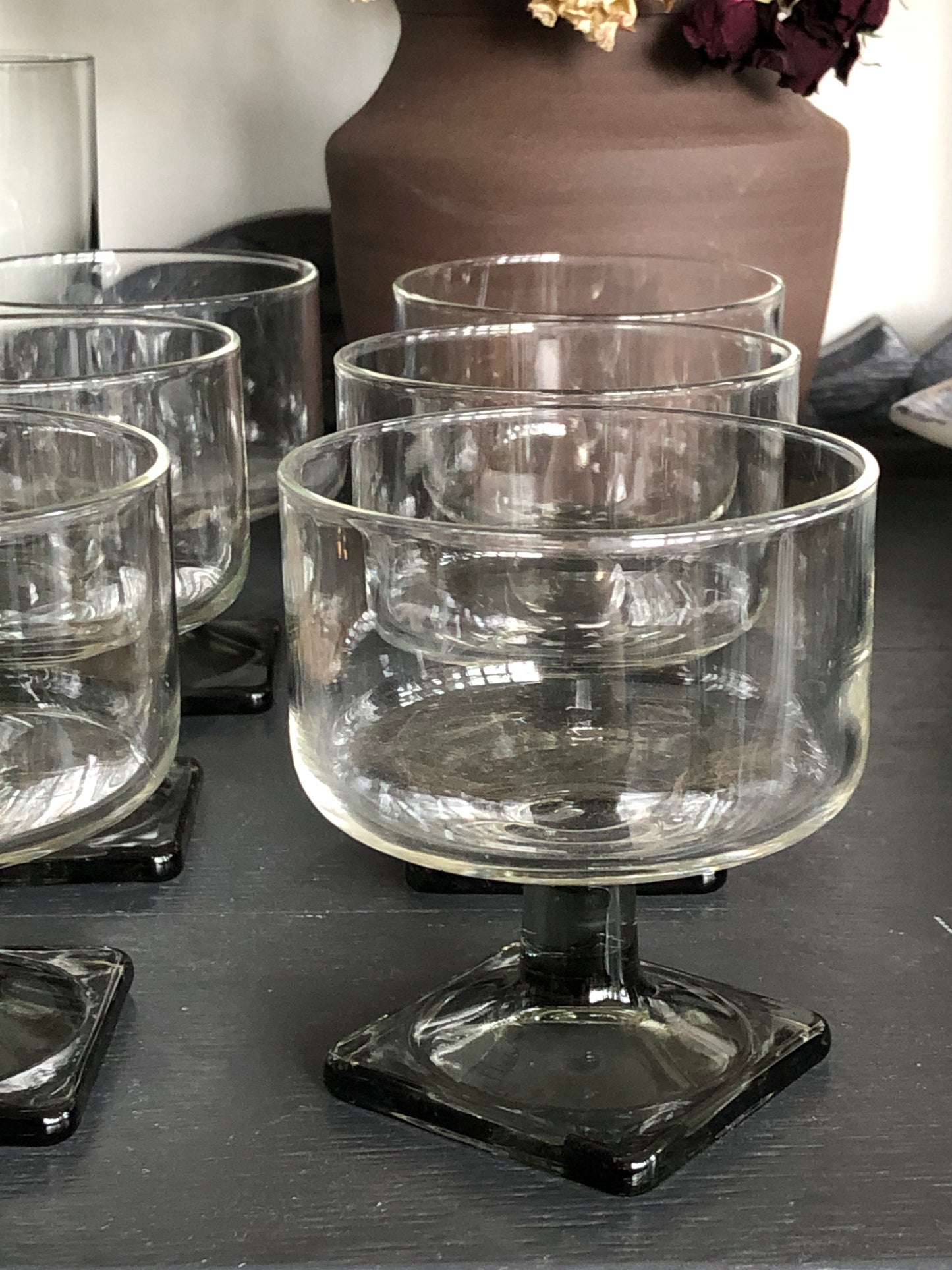 vintage mid-century glasses with smoky stem, set of 6 - local pickup only